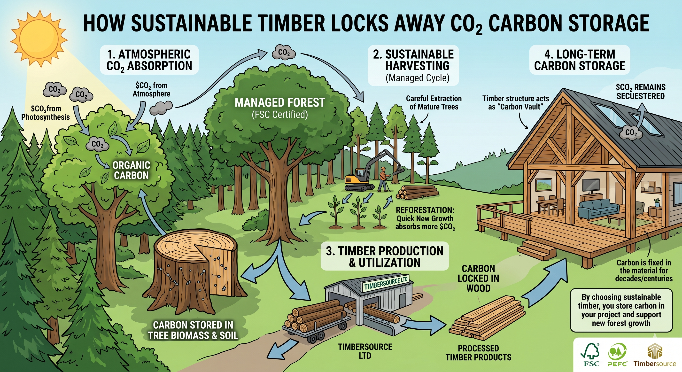 Co2 Carbon Storage Diagram showing how sustainable timber locks away CO2 carbon storage.