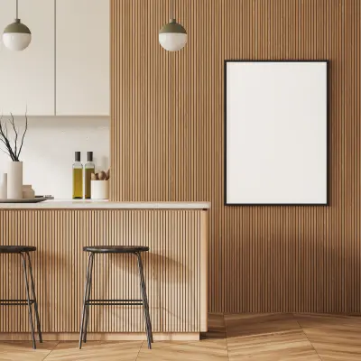 A kitchen with timber slats verticle cladding on the wall
