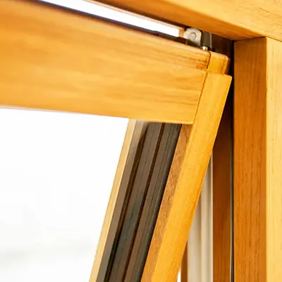 The corner of a window frame made from Timbersource's West African Idigbo