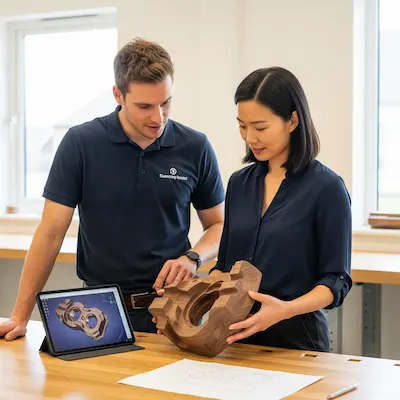A Timbersource timber expert and a client in a workshop collaboratively reviewing a bespoke component against its technical drawing.