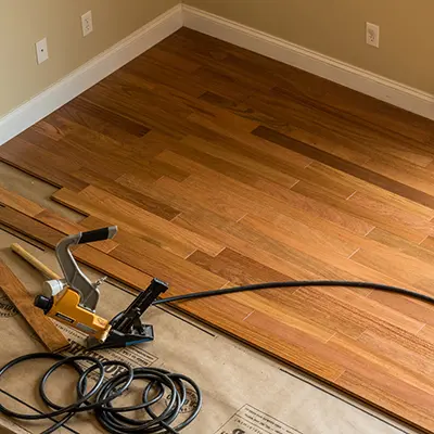 A floor in the progress of being laid with solid Timbersource's American Cherry