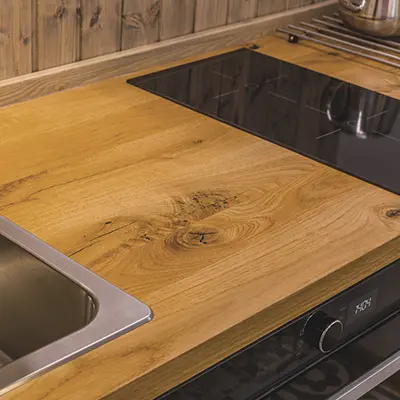A close up of a kitchen work top using Timbersource's Oak